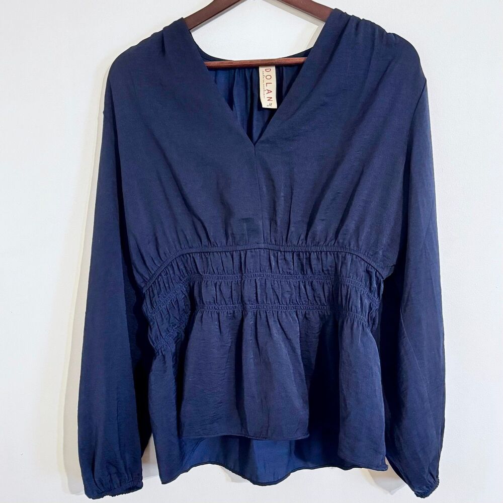 Dolan Anthropologie Romantic Navy Smocked Peplum Blouse Balloon Sleeve Medium